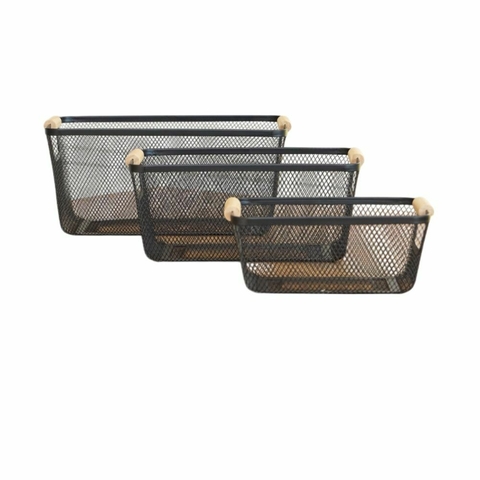 3 Organizadores Canastos Cesto Alacena Cocina Metal Madera Negro