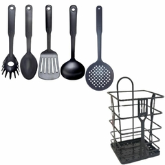 Porta Utensillos organizador cocina + 5 utensilios Nylon negro