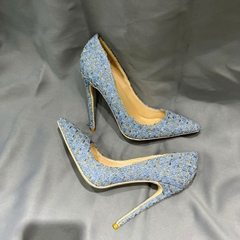 Sapato com tecido azul, Sapato de salto alto, Sapatos elegante com tecido azul Brisa.