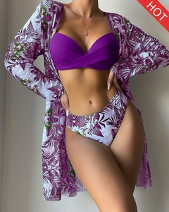 Conjunto de Biquíni com Saída de Praia Floral Sexy, Biquíni com 3 pecas elegantes, Moda Praia. - Clube das Coisas - Tudo para Você ficar mais Linda e Sexy