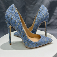 Imagem do Sapato com tecido azul, Sapato de salto alto, Sapatos elegante com tecido azul Brisa.