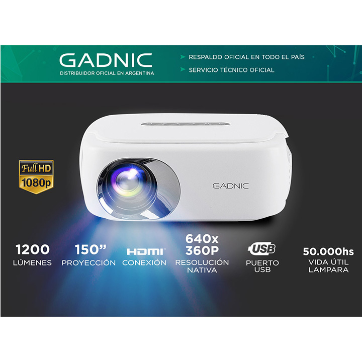 Proyector Gadnic Spectacular 1200 Lúmenes HDMI USB AV Full HD