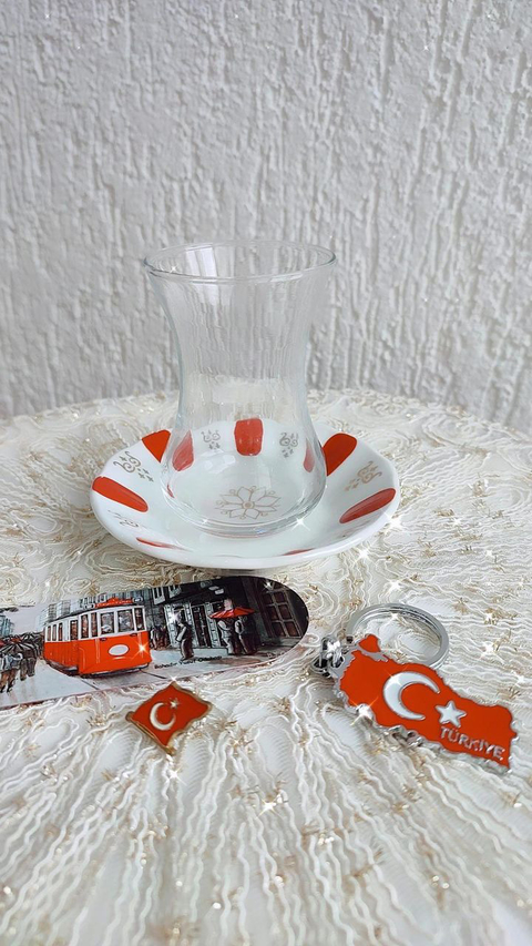 Conjunto de Chá Turco Luxo Vermelho com Porcelana - Importado da Turquia