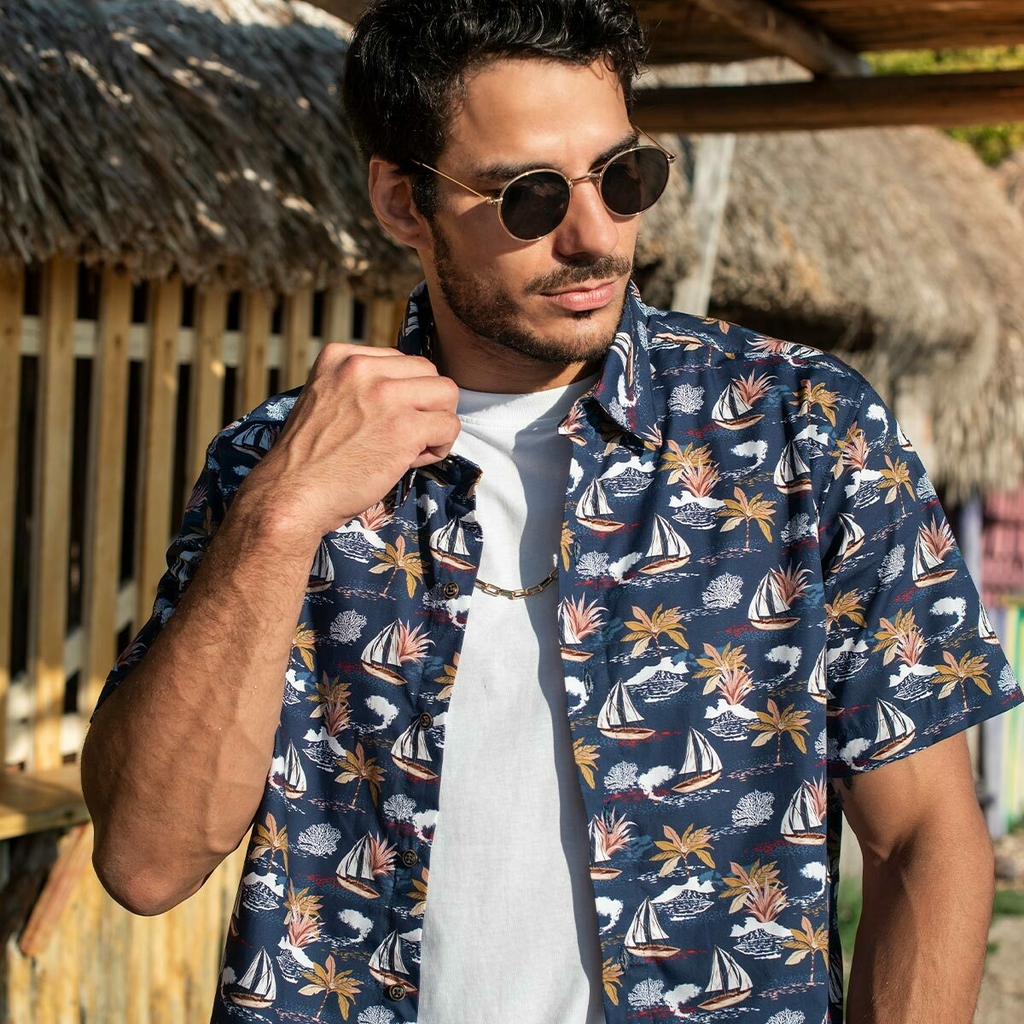 Camisa hawaiana manga corta con estampado de barcos Mod. Alohi Athenea