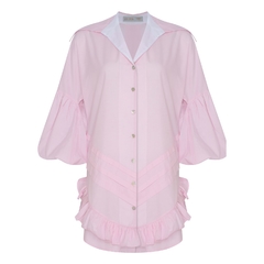 Vestido feminino rosa curto estilo chemise em algodão com poliéster. Com manga bufante 3/4 e detalhe babado na barra.  Marca Le Iris.