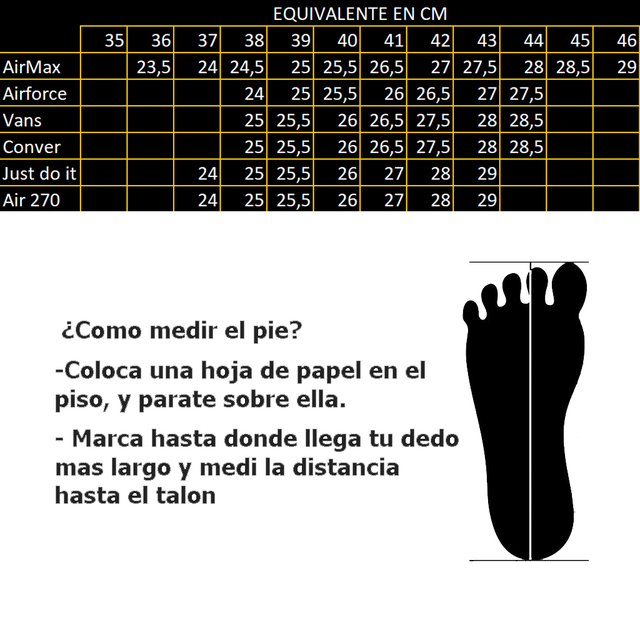 Tabla de medidas converse hotsell
