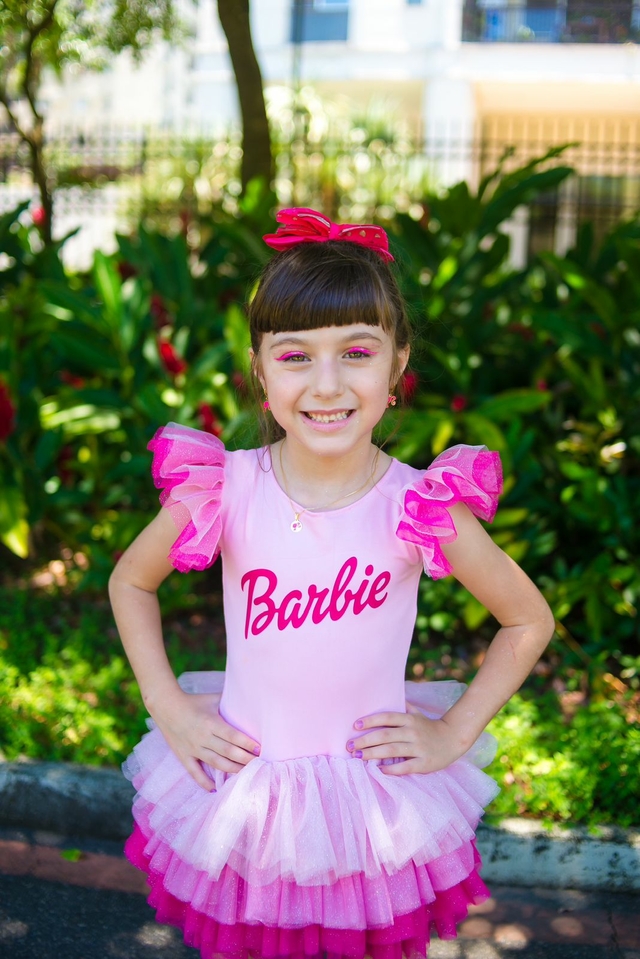 Vestido Infantil Barbie Saia Rosa de Tule Com Glitter