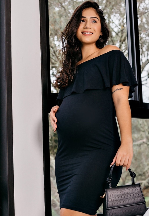 Vestido Gestante e Amamentação Com Babado Preto | REF: CEV2