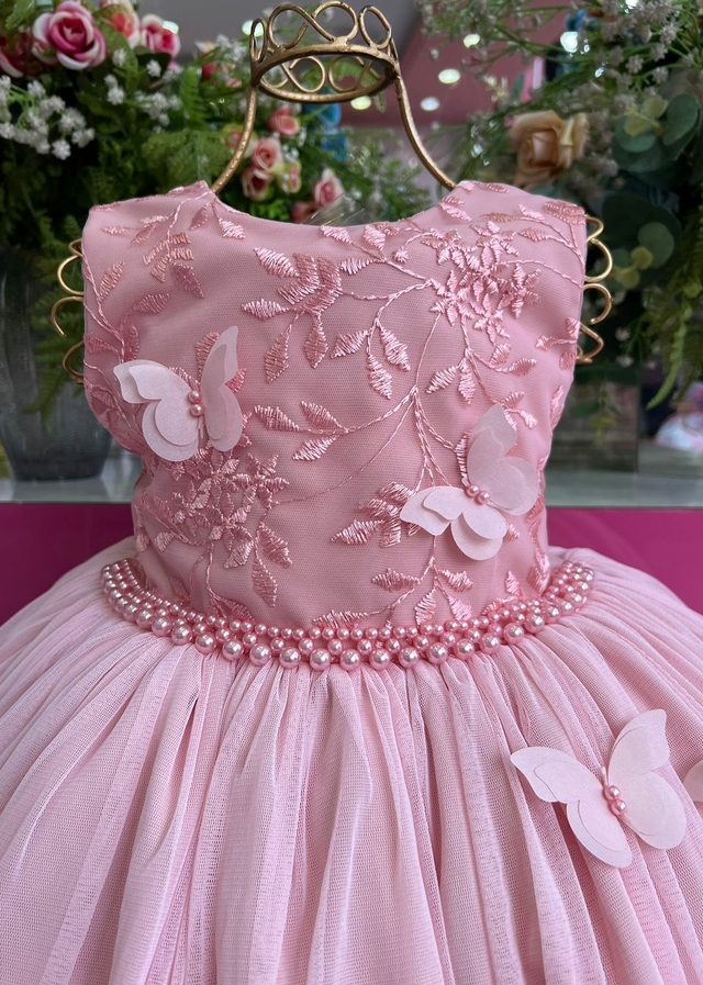 Vestido Infantil Rose Renda C/ Borboletas Dama Princesas