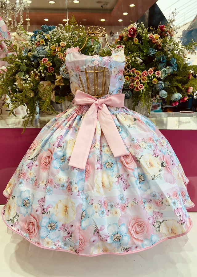 Vestido infantil floral rosa e azul sales
