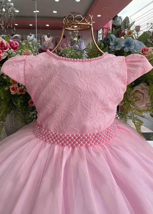 2097 Vestido Infantil de Festa Com Pérolas Rosa - 1.2.3.4