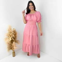 Vestido Longo Três Marias Rosa Manga Curta Bufante - 077