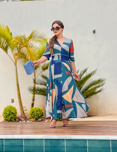 Vestido Godê Assimétrico Estampa Azul - Raquel - loja online
