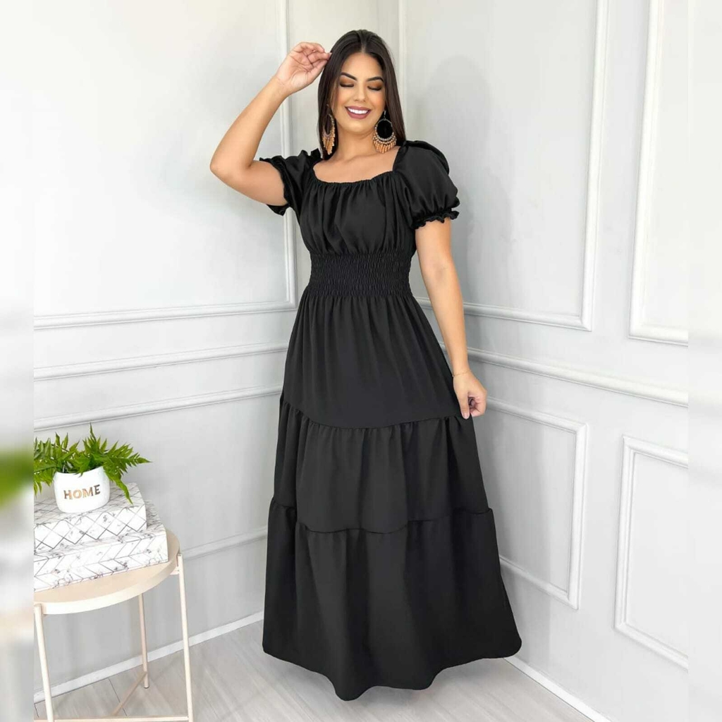 Vestido Longo Preto Três Marias Manga Curta Princesa CL