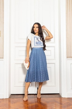 Conjunto Saia e T-Shirt Luxo Azul Poá - Elizabete na internet