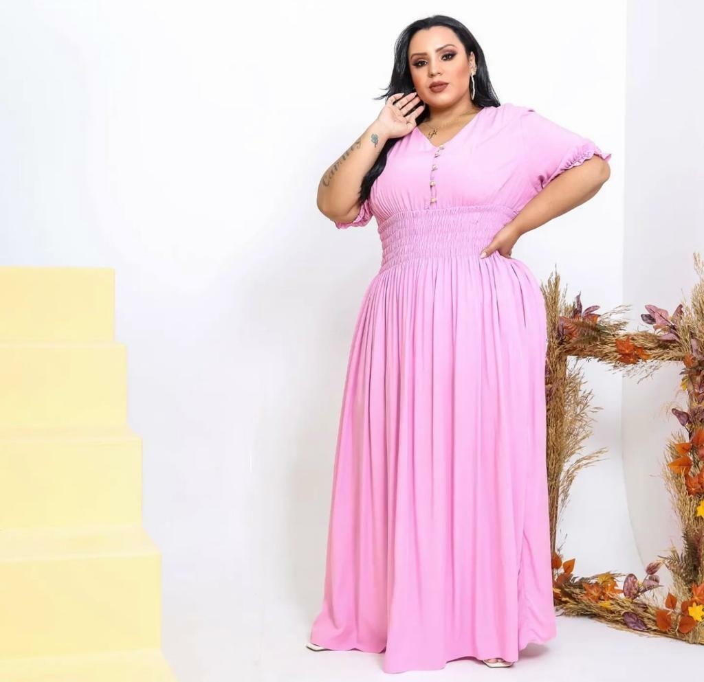 Vestido Plus Size Longo Rosa Claro Viscose Manga Curta