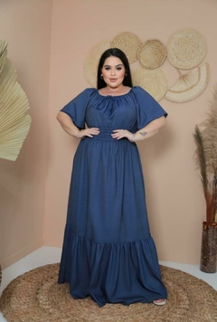 Vestido Plus Size Longo Jeans Manga Flare - Rafaela