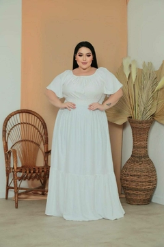 Vestido Plus Size Longo Branco Manga Flare - Rafaela