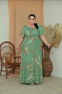 Vestido Ciganinha Plus Size Longo Verde Menta Floral Manga Flare Viscolinho - Rafaela