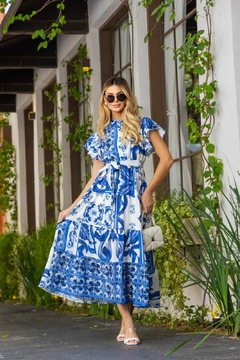 Vestido Maxi Mídi Crepe De Seda Azul -Cristina - comprar online