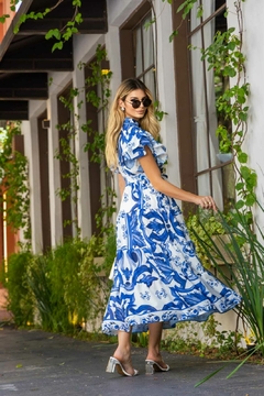 Vestido Maxi Mídi Crepe De Seda Azul -Cristina - A Vitoriosa Moda Feminina