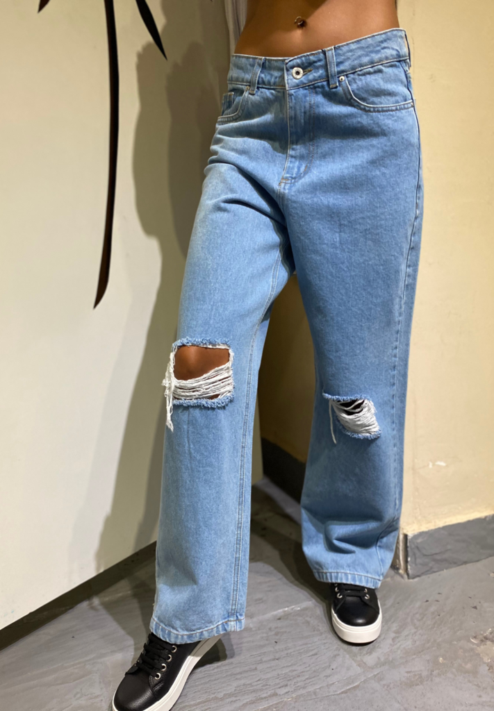 PANTALON DE MUJER JEAN TIRO ALTO CALCE RECTO ROTURAS RIGIDO