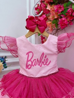 Vestido Infantil Rosa Barbie Peito Strass Glitter Luxo