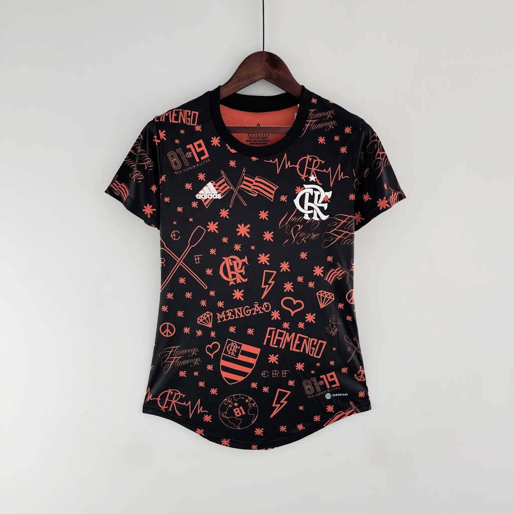 Camisa Pré-Jogo Flamengo 2022 2023 Feminina Modelo Torcedor Fan Preta