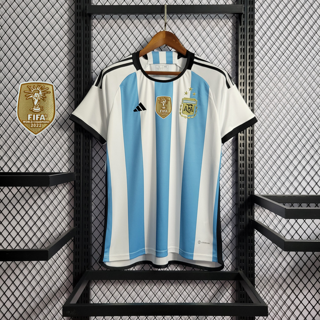 Camisa Seleção Argentina Home Patch Tricampeã Copa do Mundo 2022 Fa