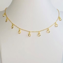 Choker Folheada a Ouro 18k Mini Pingente de Coração Cristal Facetado