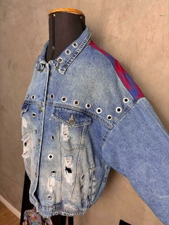 JAQUETA JEANS BOMBER XADREZ - Vista Grunge