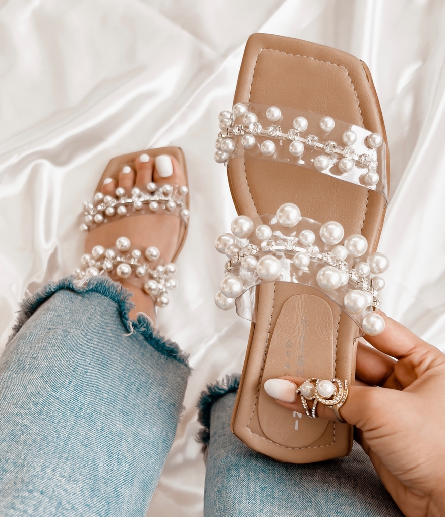 Sandalias Mujer Chatitas con Perlas EMMA cristal.