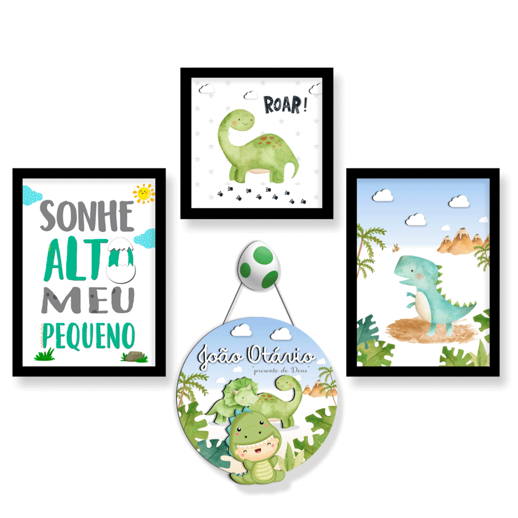 Placa Decorativa Infantil Desenho Dinossauro Verde Roar