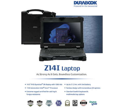 Durabook l Z14I Rugged Laptop l Laptop Industrial Robusto l Tão forte quanto possível l Personalização sem limites.l 4.0” FHD DynaVue® SR display with 1000 nits l Personalizável l Projetado para os ambientes mais severos l Extremamente robusto certificado para resistência a névoa salina e fungos l Peça um orçamento - comprar online