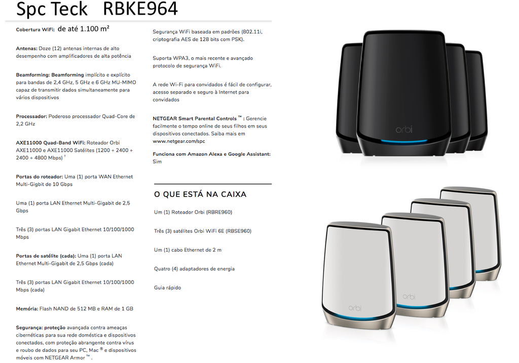 Netgear Orbi 900 Series Quad-Band l WiFi 6e Mesh 10.8Gbps RBKE964 , RBKE963, RBKE962, RBSE960, Até 200 Dispositivos - loja online