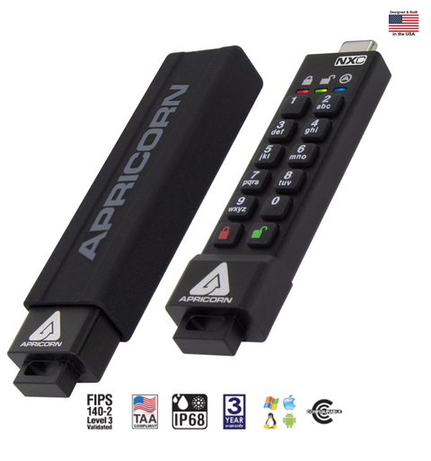 Apricorn Aegis Secure Key 3NXC 128GB | USB Flash Drive | Super Velocidade USB-C 3.2 Robusto | FIPS 140-2 256-Bits | Modo Administrador e Usuário Separados | Primeira Chave Flash Criptografada do Mundo