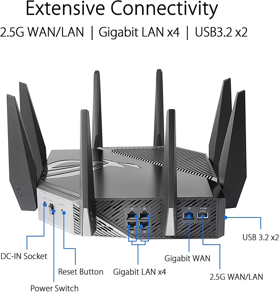 Asus Republic of Gamers Rapture GT-AXE11000 Tri-Band l WiFi 6E Gigabit Gaming l Roteador 10 Gigabit | A Primeira Banda de 6 GHz do Mundo | AURA RGB l 2 portas USB 3.2 l 4 portas LAN l 1 porta 2.5G WAN/LAN na internet