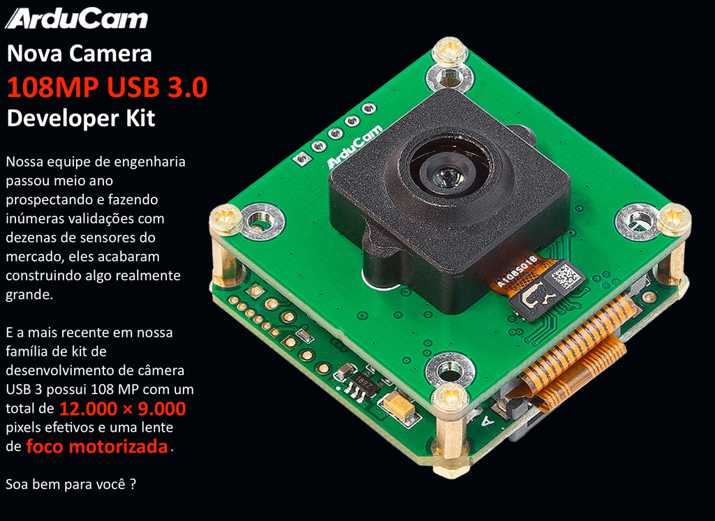 ArduCam Camera 108MP USB 3.0 Sensor Sony IMX477 Foco Motorizado Compatível com todas Plataformas - comprar online