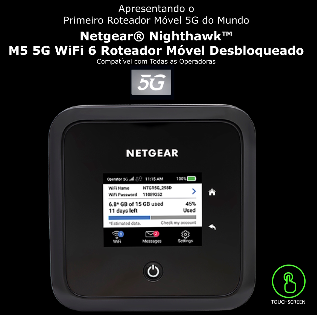 Netgear Nighthawk M5 5G WiFi 6 Mobile Router Unlocked l Hotspot Roteador Móvel | Ultrarrápido 5G | Desbloqueado para todas as Operadoras | Conecta até 32 Dispositivos Sim card não incluído l Conecta até 32 Dispositivos l Ativado para Uso Doméstico ou Comercial l Bateria Adicional e Antena opcional também disponíveis - Loja do Jangão - InterBros