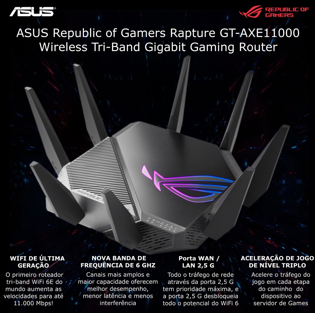 Asus Republic of Gamers Rapture GT-AXE11000 Tri-Band l WiFi 6E Gigabit Gaming l Roteador 10 Gigabit | A Primeira Banda de 6 GHz do Mundo | AURA RGB l 2 portas USB 3.2 l 4 portas LAN l 1 porta 2.5G WAN/LAN - loja online
