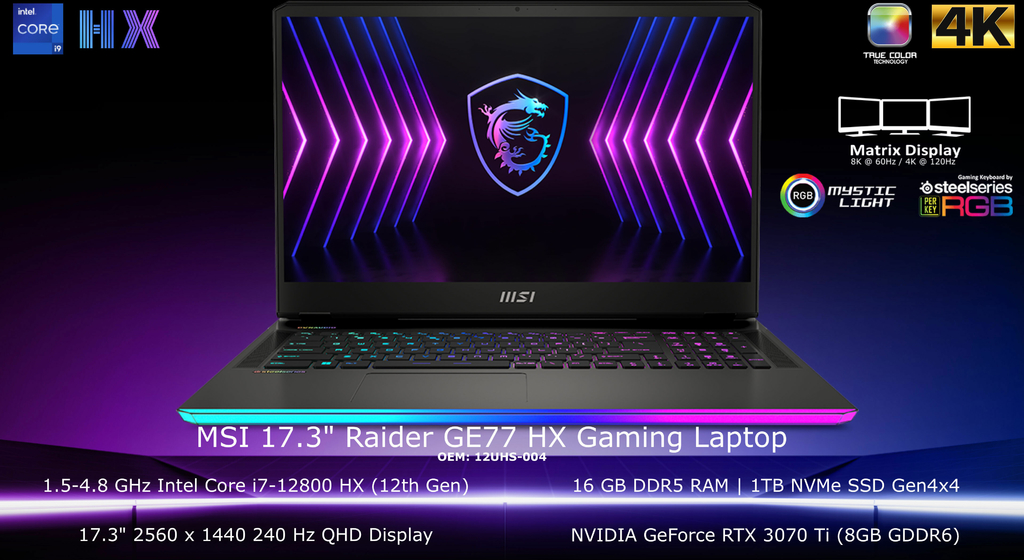 MSI 17.3" Raider GE77 HX Gaming Laptop l 16 Cores CPU l Meta Universe Ready l Cooler Booster 5 l 1.5-4.8 GHz Intel Core i7-12800 HX (12th Gen) l 17.3" 2560 x 1440 240 Hz QHD Display l 16 GB DDR5 RAM | 1TB NVMe SSD Gen4x4 l NVIDIA GeForce RTX 3070 Ti (8GB GDDR6) l Windows 11 Pro l 12UHS-004 na internet