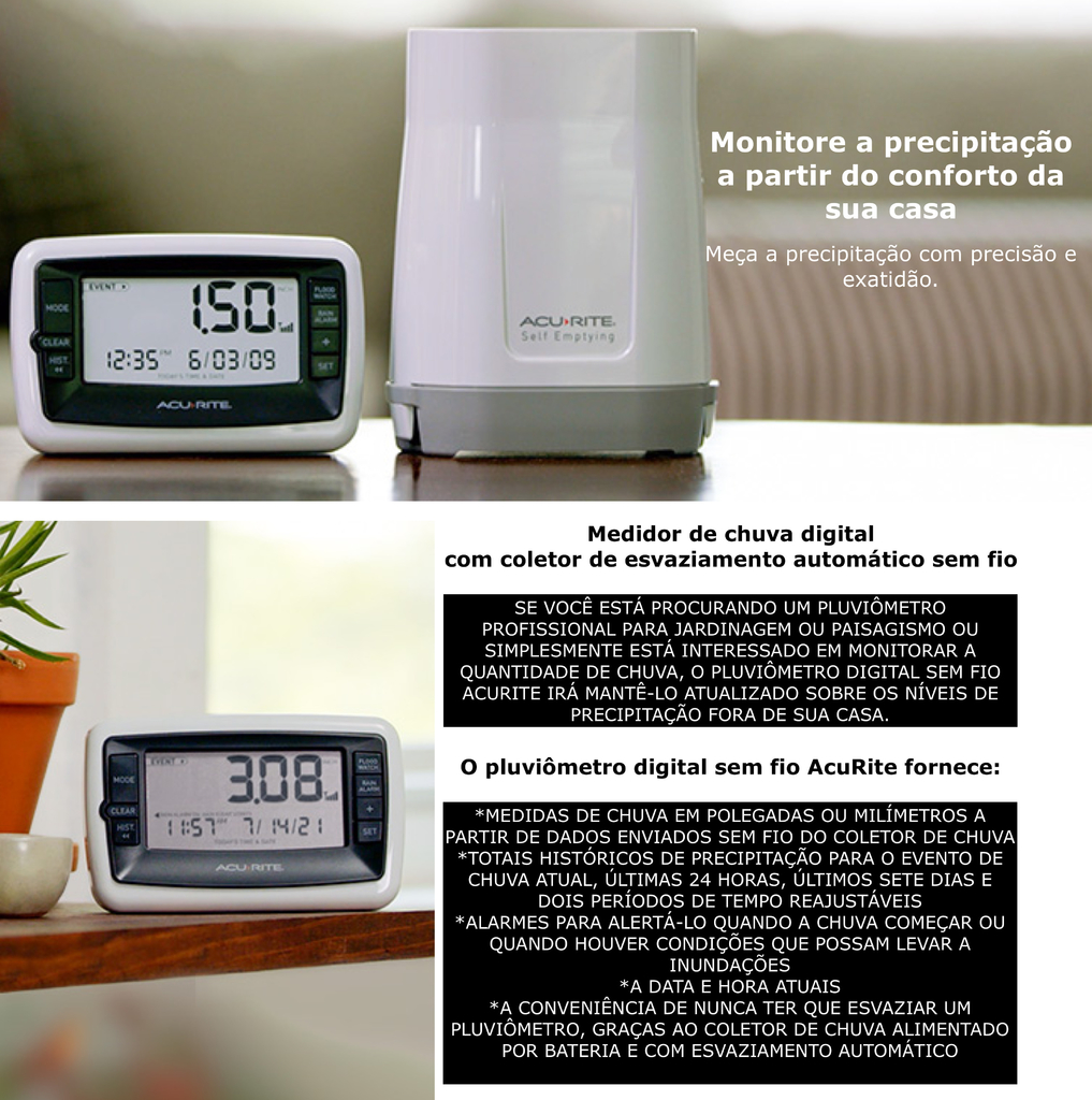 AcuRite Pluviômetro Digital, com Termômetro e Umidade , Ativado para Uso Doméstico ou Comercial - comprar online