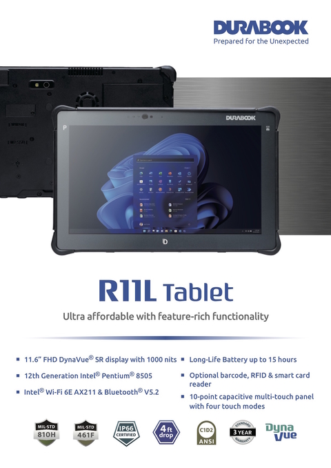Durabook l R11L Rugged Tablet l Tablet Industrial Robusto l 12th Gen Intel Pentium Gold Processor 8505 l 11.6" FHD (1920 x 1080) LCD Display l Personalizável l Projetado para os ambientes mais severos l Peça um orçamento - comprar online
