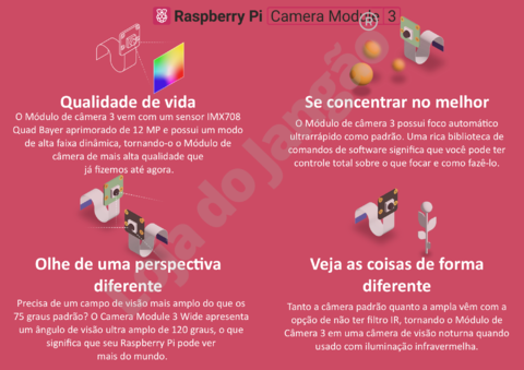 Raspberry Pi Camera Module 3 12 MP Auto Focus , Escolha: Standard , NoIR , Wide , Wide NoIR