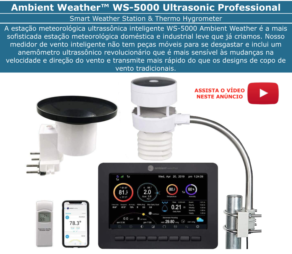 Ambient Weather WS-5000 Estação Metereológica Ultrassônica WiFi | Case Outdoor de Proteção para o Higrômetro | Alcance de 300 metros | Compatível com Alexa e Google | Internet Conectada - comprar online