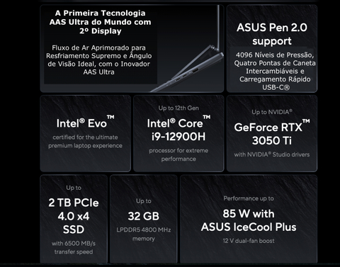 Imagem do ASUS 14.5" ZenBook Pro 14 Duo OLED Multi-Touch Notebook | Cor Tech Black | UX8402 | 2.3 GHz Intel Core i7 14-Core 12th Gen | 32GB LPDDR5 RAM | 1TB SSD | 12.7" ScreenPad Plus Touchscreen | Dolby ATMOS | 9.5 Horas de Bateria