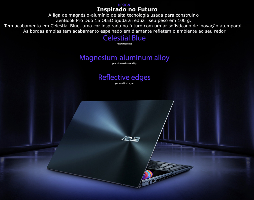 ASUS 15.6" ZenBook Pro Duo 15 Multi-Touch Notebook | Cor Celestial Blue | UX582 | 2.5 GHz Intel Core i9 8-Core 11th Gen | 32GB DDR4 RAM | 1TB SSD | 15.6" 3840 x 2160 OLED Touchscreen | 14" ScreenPad Plus IPS Touchscreen | - Loja do Jangão - InterBros