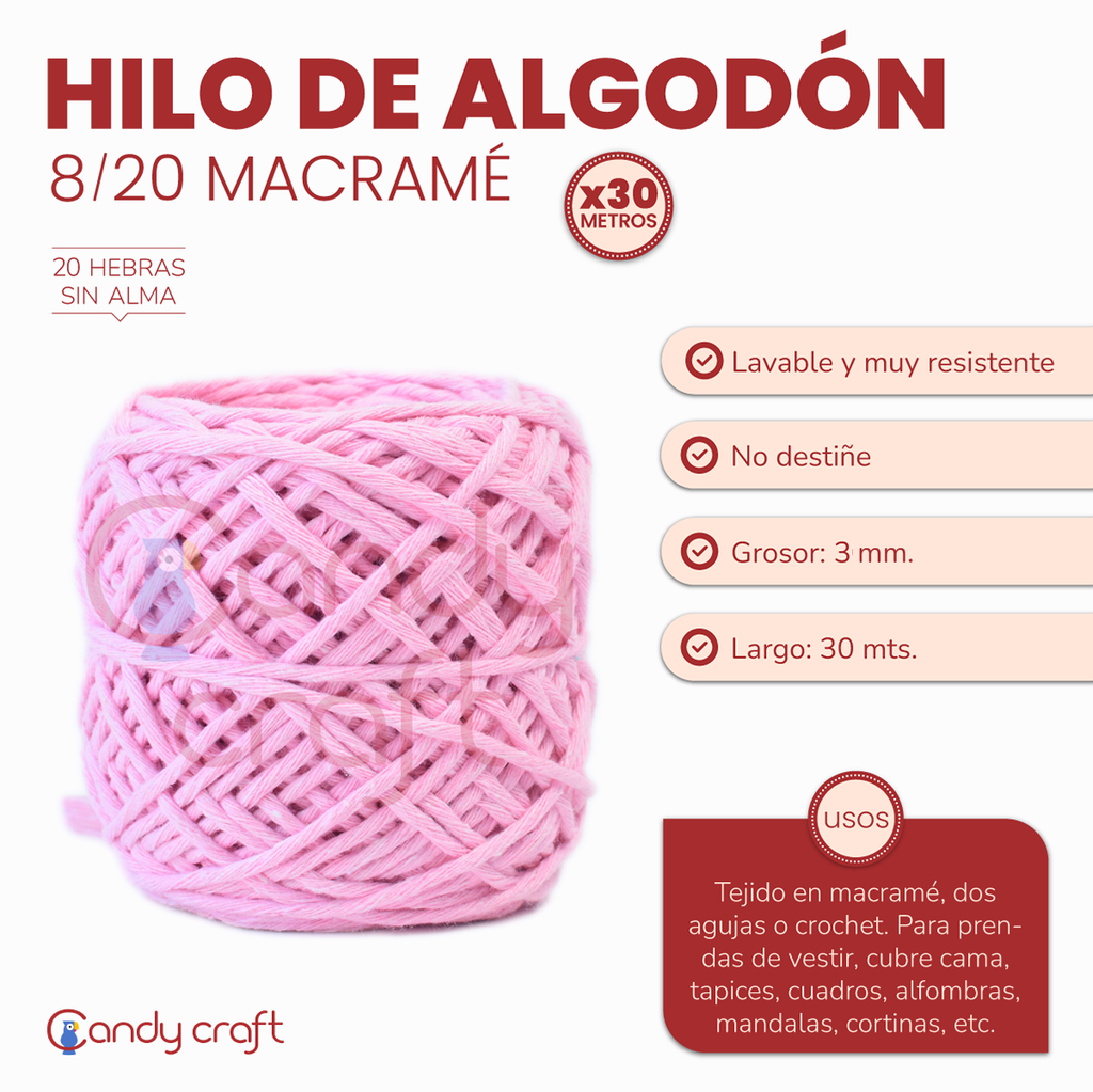 HILO ALGODON COLOR MACRAME 8/20 G8 X30M - MerceriaLaPaloma - DISTRIBUIDORA  MAYORISTA DE MERCERIA