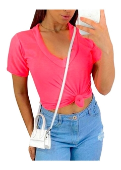 Blusa Malha Podrinha Básica Manga Curta Decote V Color Neon - loja online