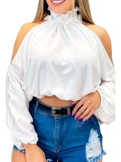 Blusa Feminina Social Cropped Manga Longa Bufante Gola Alta